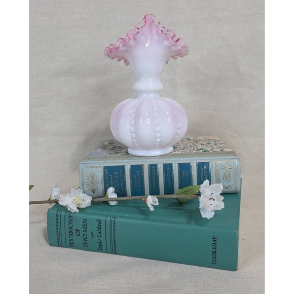 VTG Fenton Peach Crest Jack-in-the-Pulpit Vase Beaded w/Melon Base 1940s–60s USA - Picture 5 of 12